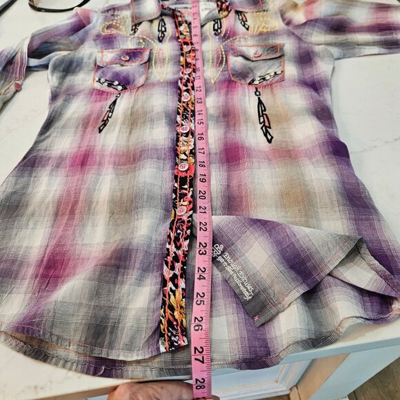 NWT! Roar Native Song Shirt Medium Plaid Embroidered Rhinestone Western Purple - Picture 12 of 15
